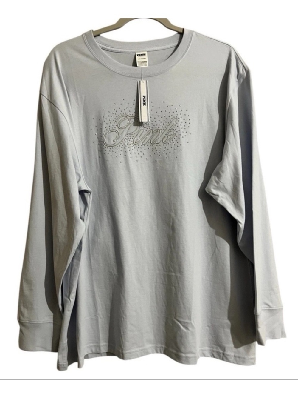 🦋 PINK Victoria's Secret Light Blue long sleeve top with rhinestone detail